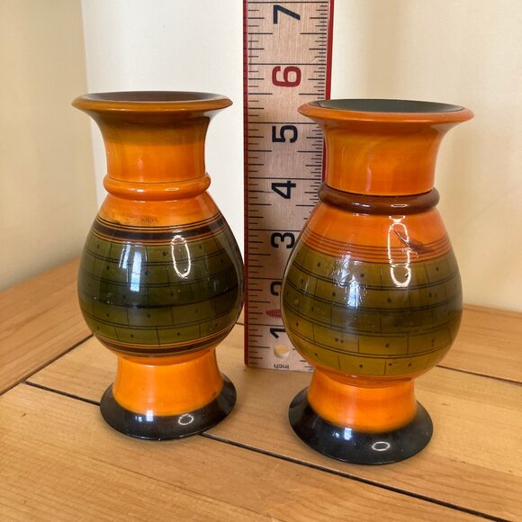 Turned Wood Lacquer Decorative Vase Set of 2 Orange & Green Hand Painted Design - Picture 3 of 6